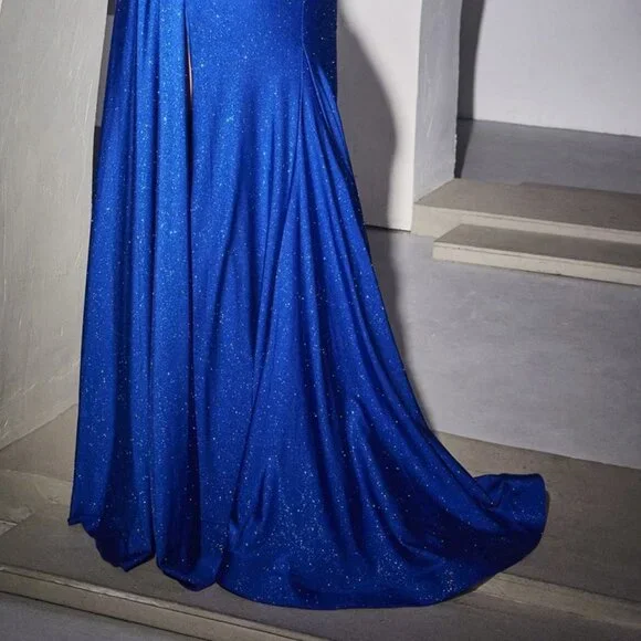 NEW ROYAL SHIMMERING OFF THE SHOULDER SLEEVELESS DRESS WITH ZIPPER BACK CD988